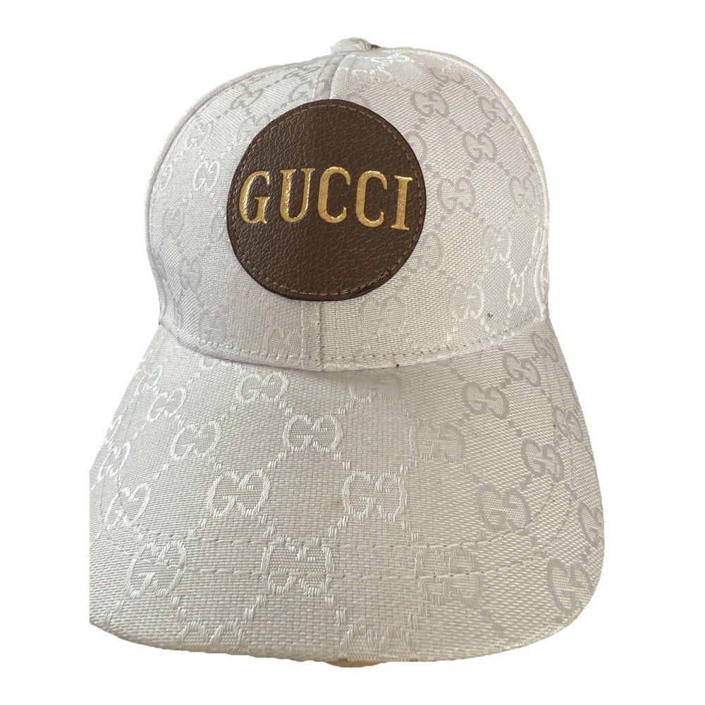 GUCCI Monogram Wool Cashmere Baseball Hat White Brown Leather Logo Patch OSFM